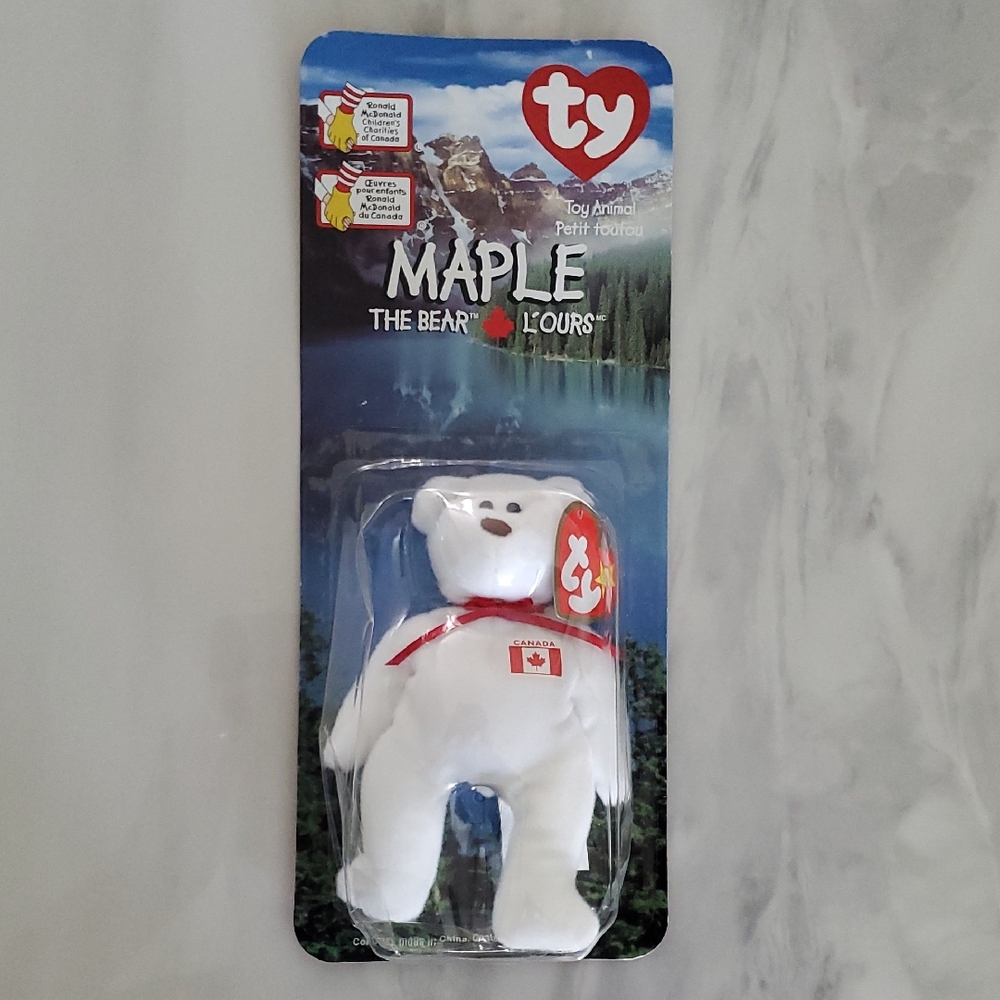 Ty Maple Bear with Red Ribbon and Flag